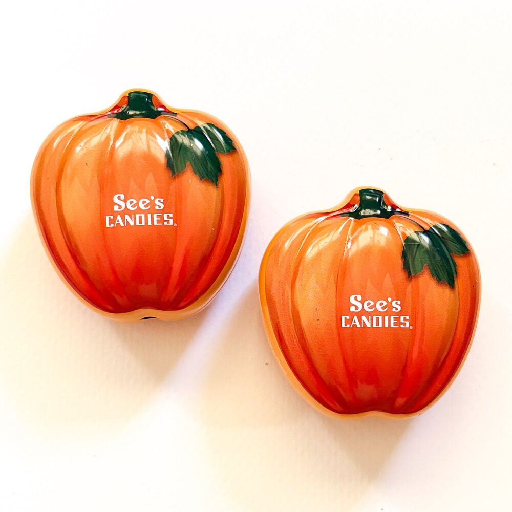 See's Candies Tins Orange Pumpkins Thanksgiving Pair Good Condition